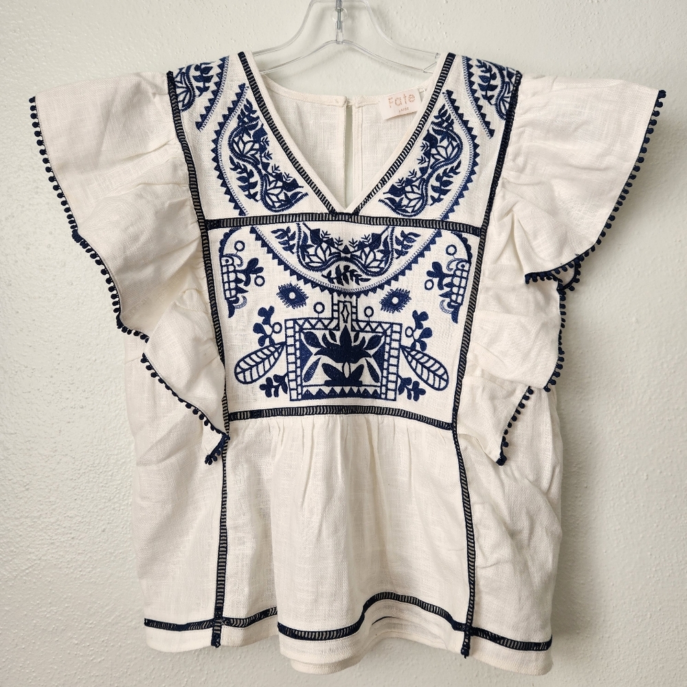 New Fate Danika Lace Embroidered Flutter Sleeve Blouse Large
